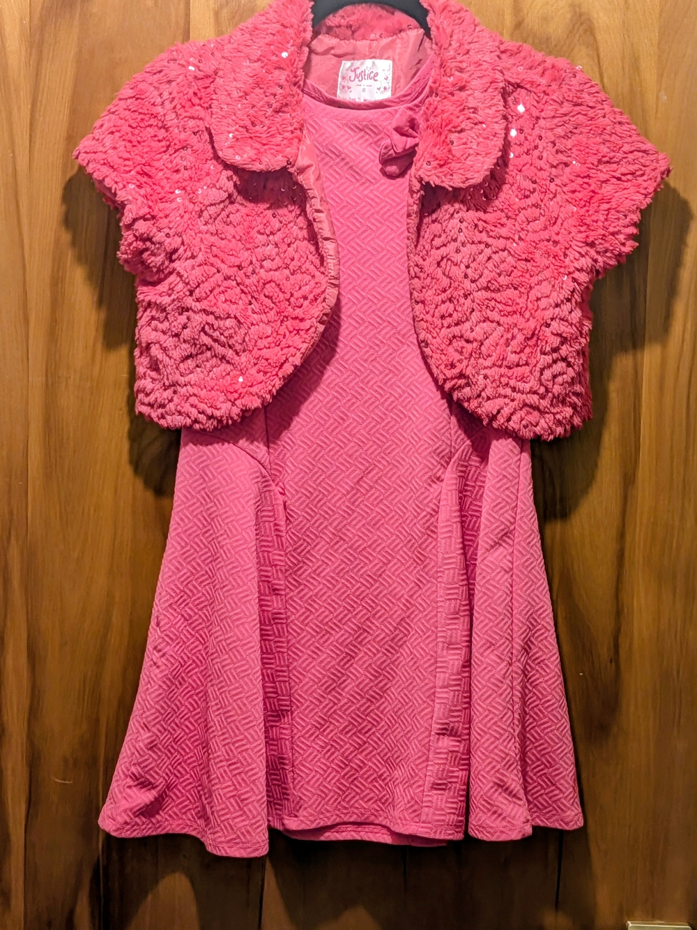 George Girls' Hot Pink Textured Fit & Flare Dress with Faux Fur Bolero